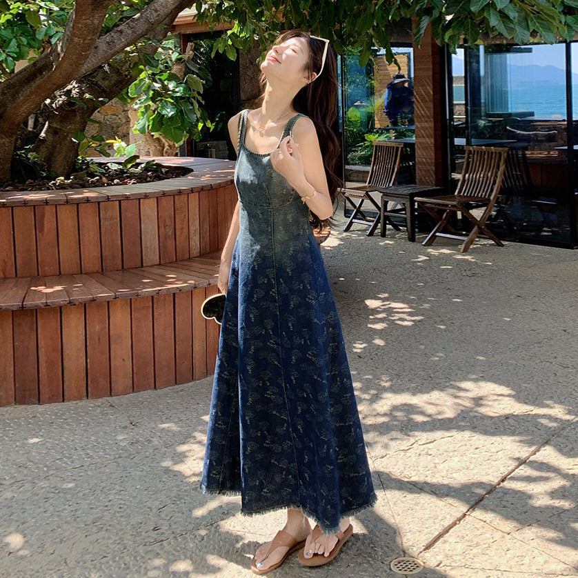 【ワンピース】デニム風プリント ノースリーブワンピース 体型カバー＆美シルエットが叶う大人可愛い一枚【SHシリーズ】