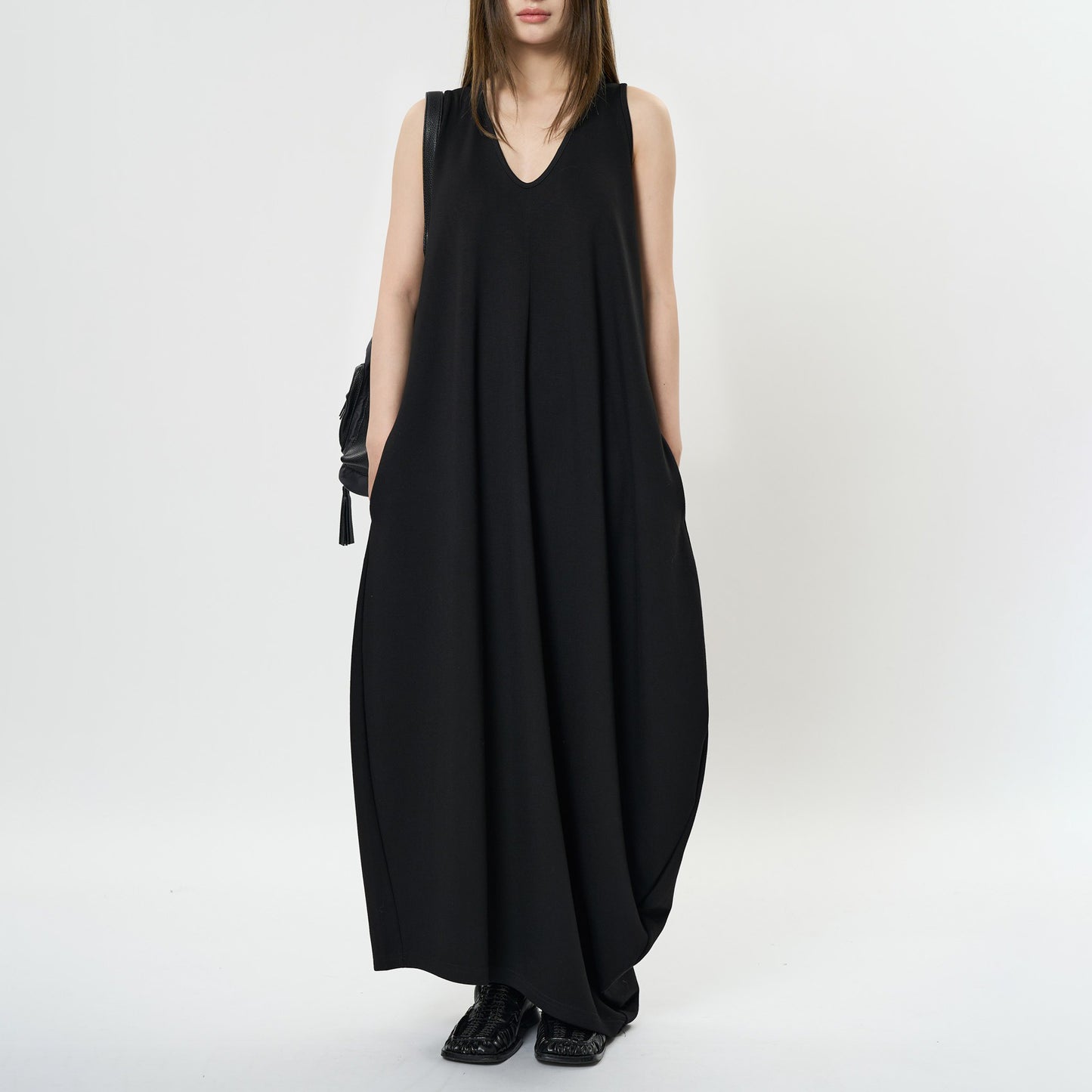 【ワンピース】夏 フレンチ ディープUネック アシンメトリー スリム バロン ノースリーブワンピース【JZシリーズ】