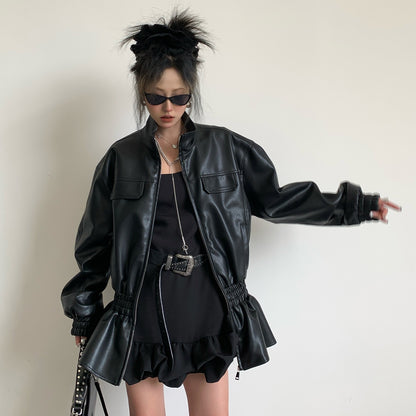 【アウター】春 秋 冬 ファッション ブラック フリル PU ジャケット【FCシリーズ】