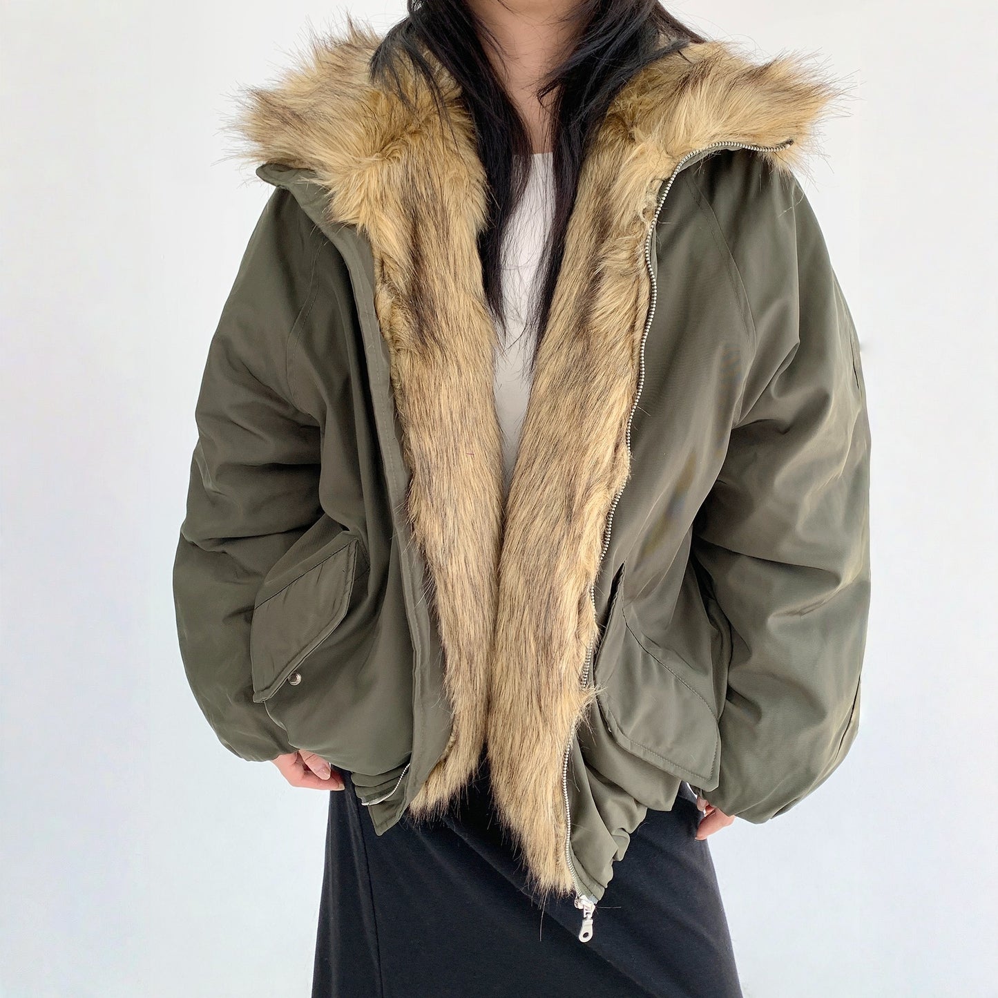 【アウター】春 秋 冬 ニッチ 切り替え ファー襟 厚手 中綿 ジャケット 【FCシリーズ】