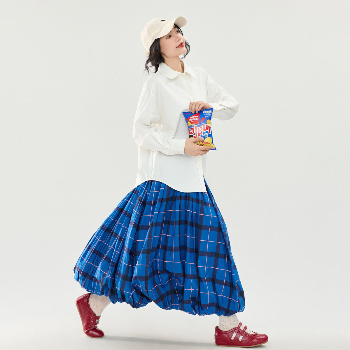 【ボトムス】チェック柄バルーンスカート レディース 夏新作 ブルー Aライン ボリュームシルエット カジュアル【FCシリーズ】