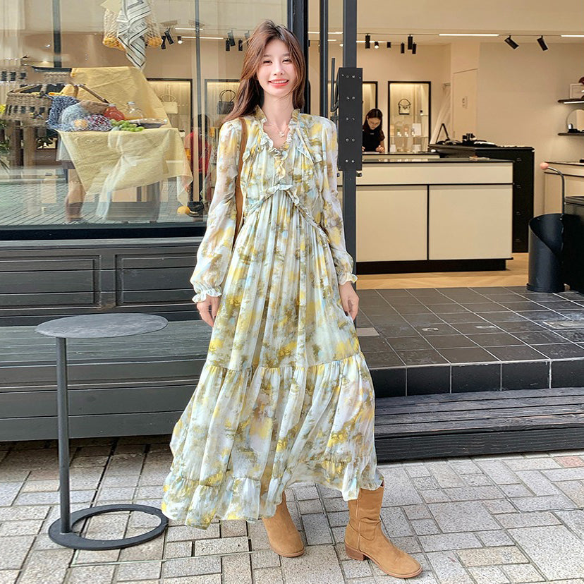 ワンピース】フレンチ若見え フリル 花柄長袖ワンピース レディース