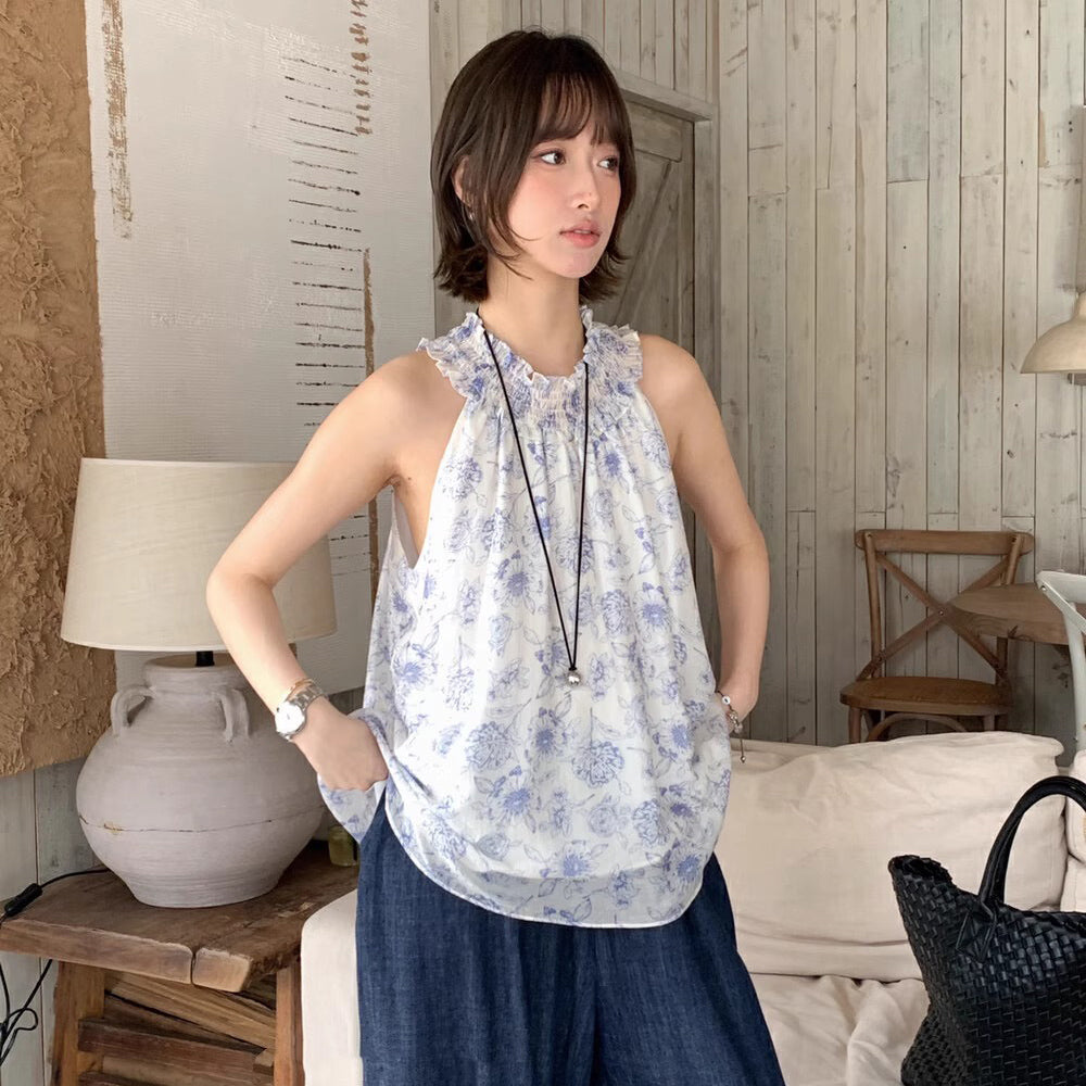 【トップス】ヴィンテージ風水墨プリント フリルネックホルタートップス 夏 シフォン素材【SHシリーズ】