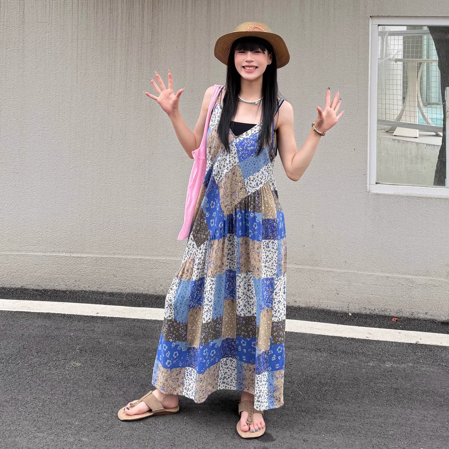 【ワンピース】アートフラワー キャミワンピース レディース ノースリーブ 夏 ゆったり フレアロング丈 体型カバー リネン風 人気 レトロコーデ【SHシリーズ】