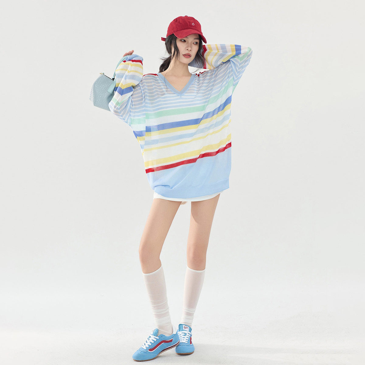 【トップス】カラーボーダーVネックニットトップス レディース 夏新作 長袖 薄手 透け感 シアー ゆったり Tシャツ【FCシリーズ】