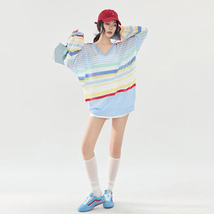 【トップス】カラーボーダーVネックニットトップス レディース 夏新作 長袖 薄手 透け感 シアー ゆったり Tシャツ【FCシリーズ】