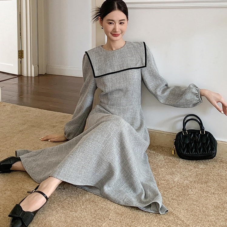 【ワンピース】春 秋 冬 マリン大きめ襟 甘く若見え ウエストシェイプ 長袖 ワンピース 【JZシリーズ】