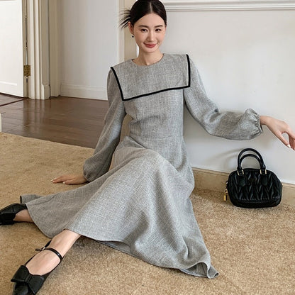 【ワンピース】春 秋 冬 マリン大きめ襟 甘く若見え ウエストシェイプ 長袖 ワンピース 【JZシリーズ】