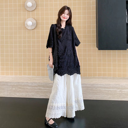 法式提花套裝｜蕾絲拼接上衣＋闊腿褲兩件套【JZ系列】