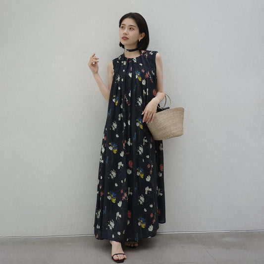 【ワンピース】レトロ花柄 プリーツデザイン ノースリーブワンピース レディース 夏 ゆったり ストレート ロングドレス【SHシリーズ】