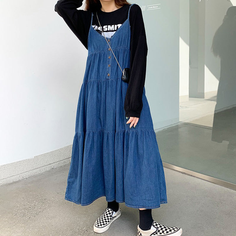 【ワンピース】韓国ファッション デニムノースリーブワンピース 春新作 ゆったり体型カバー 小顔効果 プリーツ入り フレアロング丈 おしゃれデザイン【JZシリーズ】