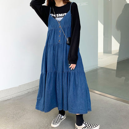 【ワンピース】韓国ファッション デニムノースリーブワンピース 春新作 ゆったり体型カバー 小顔効果 プリーツ入り フレアロング丈 おしゃれデザイン【JZシリーズ】