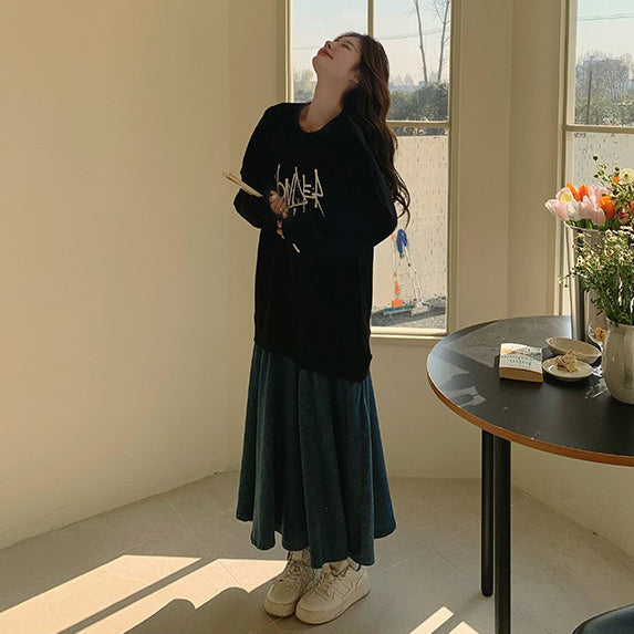 【ワンピース】レイヤード風 デニム切り替え 春秋 長袖ワンピース 爆売れ【JZシリーズ】