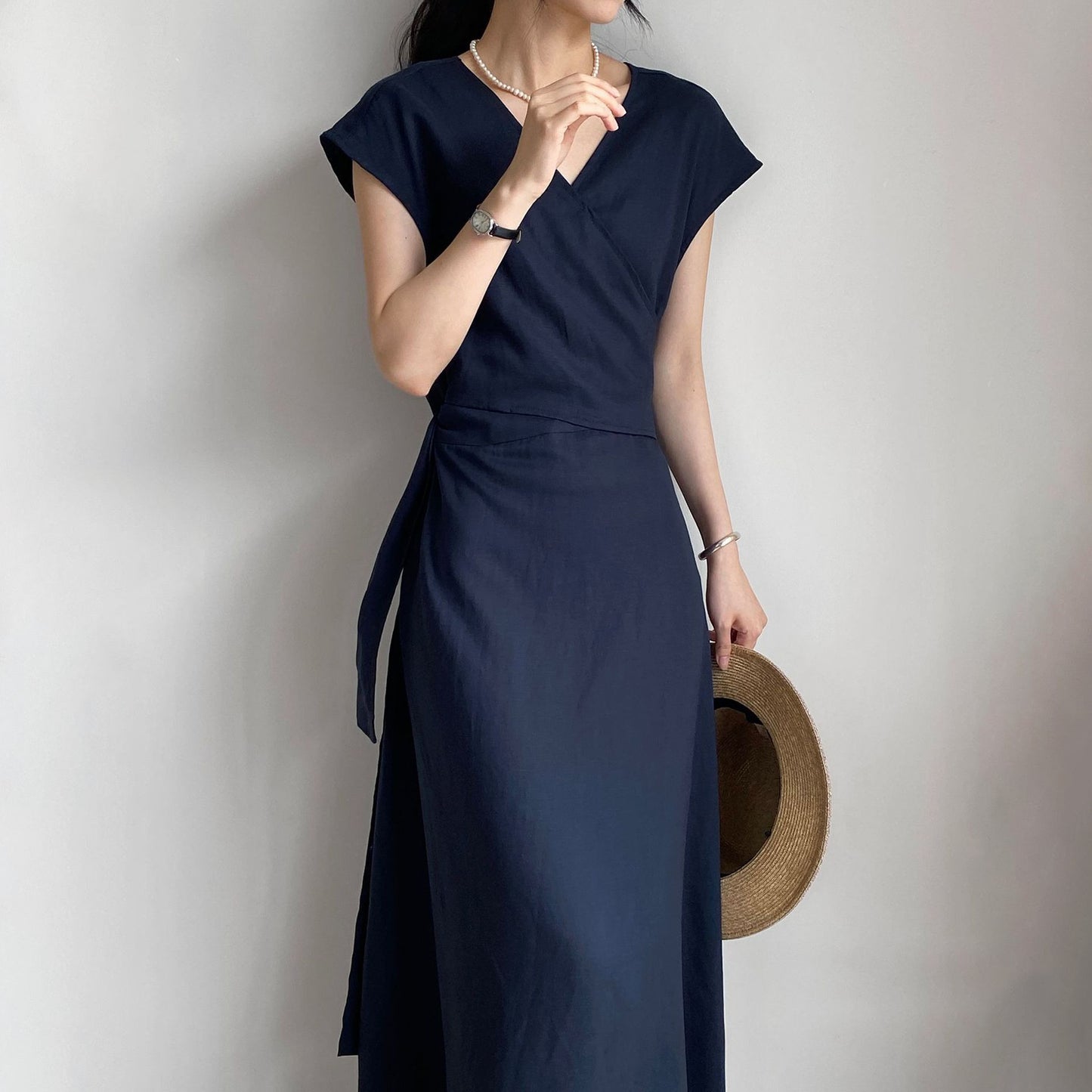 【ワンピース】リネンワンピース レディース フレンチ風 Vネック ウエストリボン Aライン ロング丈 通勤 体型カバー 夏新作【JZシリーズ】
