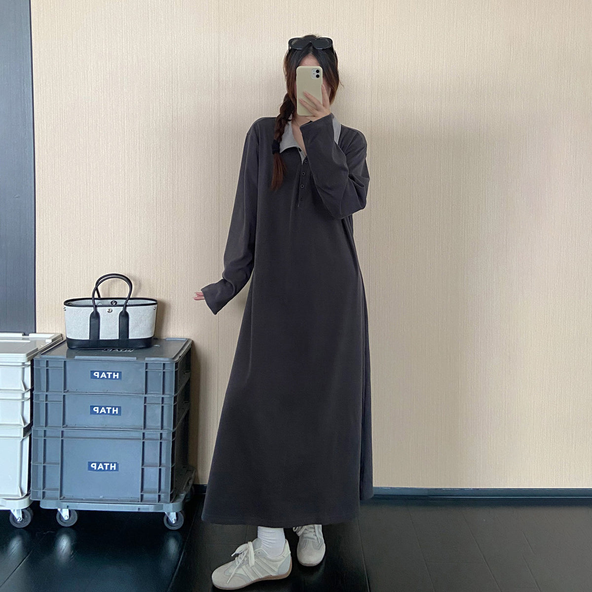 【ワンピース】韓国風ポロカラーロングワンピース レディース 秋新作 長袖 ゆったり きれいめ 通勤【JZシリーズ】