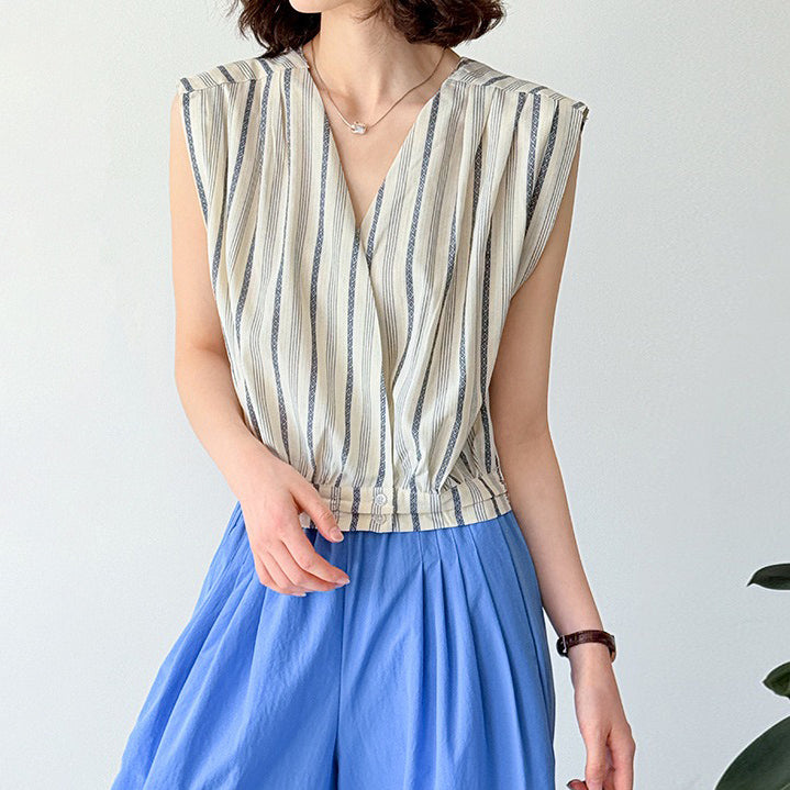 【トップス】ストライプ柄 ノースリーブ シャツ デザイン性あり 個性派 カジュアル ブラウス【JZシリーズ】