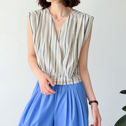 【トップス】ストライプ柄 ノースリーブ シャツ デザイン性あり 個性派 カジュアル ブラウス【JZシリーズ】