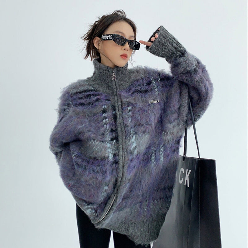 【トップス】個性派デザイン レディース チェック柄シャギーカーディガン ルーズシルエット 冬新作 セーター【FCシリーズ】
