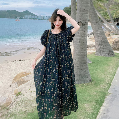 【ワンピース】ビーチリゾート風 リラックス感 花柄 半袖ワンピース レディース  個性的で美しいロングドレス【SHシリーズ】