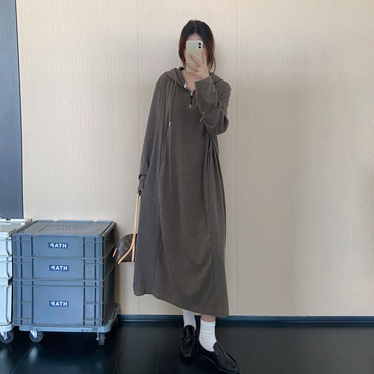 【ワンピース】韓国風ハーフジップフード付きワンピース レディース 秋新作 長袖 ロング丈 ゆったり 体型カバー【JZシリーズ】