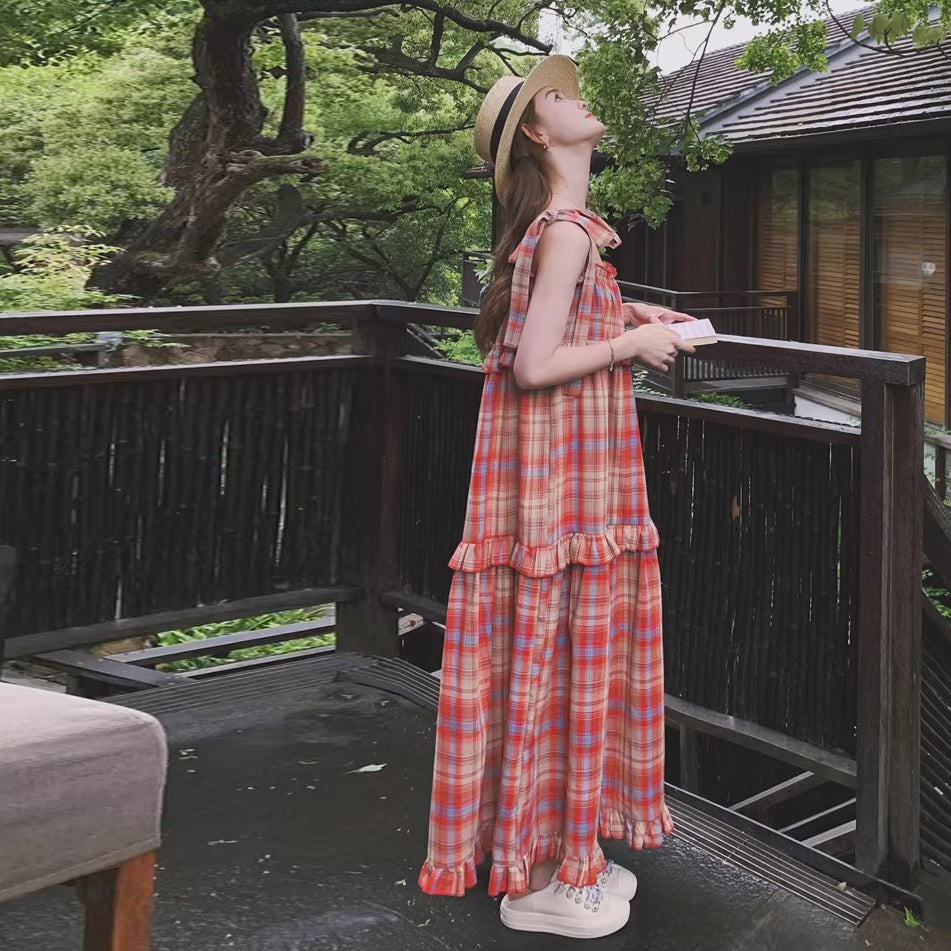 【ワンピース】海辺リゾート ゆったりシルエット 甘め優しげチェック柄ノースリーブワンピース【SHシリーズ】