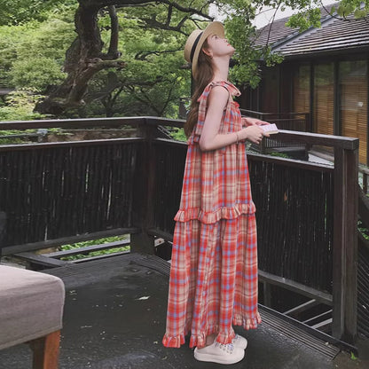 【ワンピース】海辺リゾート ゆったりシルエット 甘め優しげチェック柄ノースリーブワンピース【SHシリーズ】