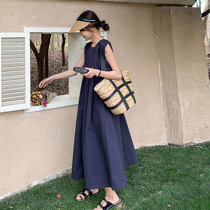 【ワンピース】ネイビーブルー ノースリーブ ワンピース 夏 リラックス系 小規模ブランド おしゃれ ゆったり 万能 ロングドレス【JZシリーズ】