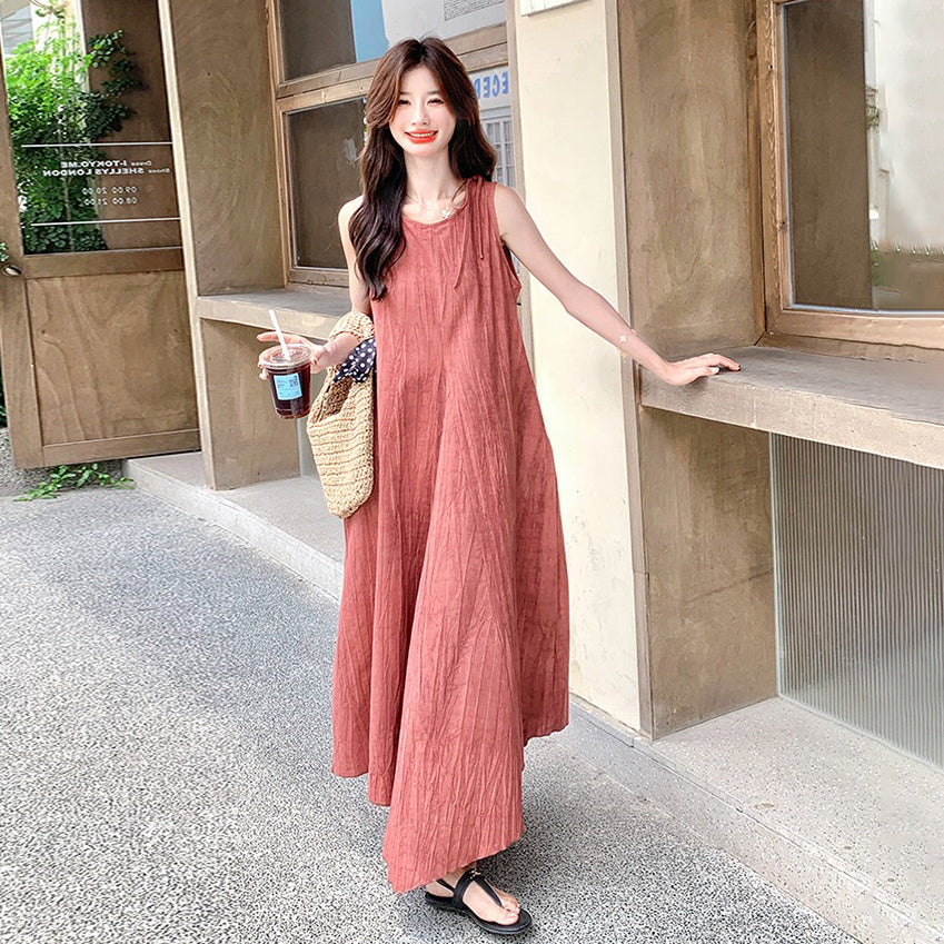 【ワンピース】フレンチ風 ノースリーブピンクワンピース 夏 細見えエレガント ロングドレス【JZシリーズ】