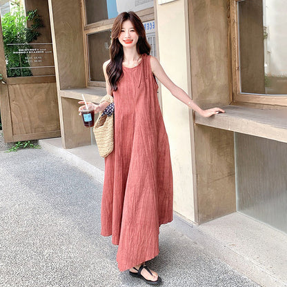 【ワンピース】フレンチ風 ノースリーブピンクワンピース 夏 細見えエレガント ロングドレス【JZシリーズ】