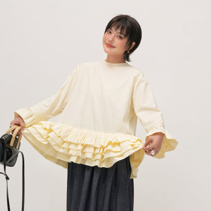 【トップス】無地 フリル ブラウス シャツ レディース ゆったり 体型カバー 大きいサイズ ミディアム丈 長袖 シャツ デザイン感 トップス【JZシリーズ】