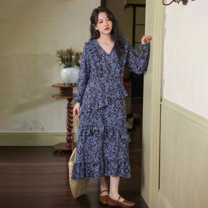 【ワンピース】2025秋新作 Vネック花柄 長袖ワンピース 体型カバー ゆったり細見え【SHシリーズ】