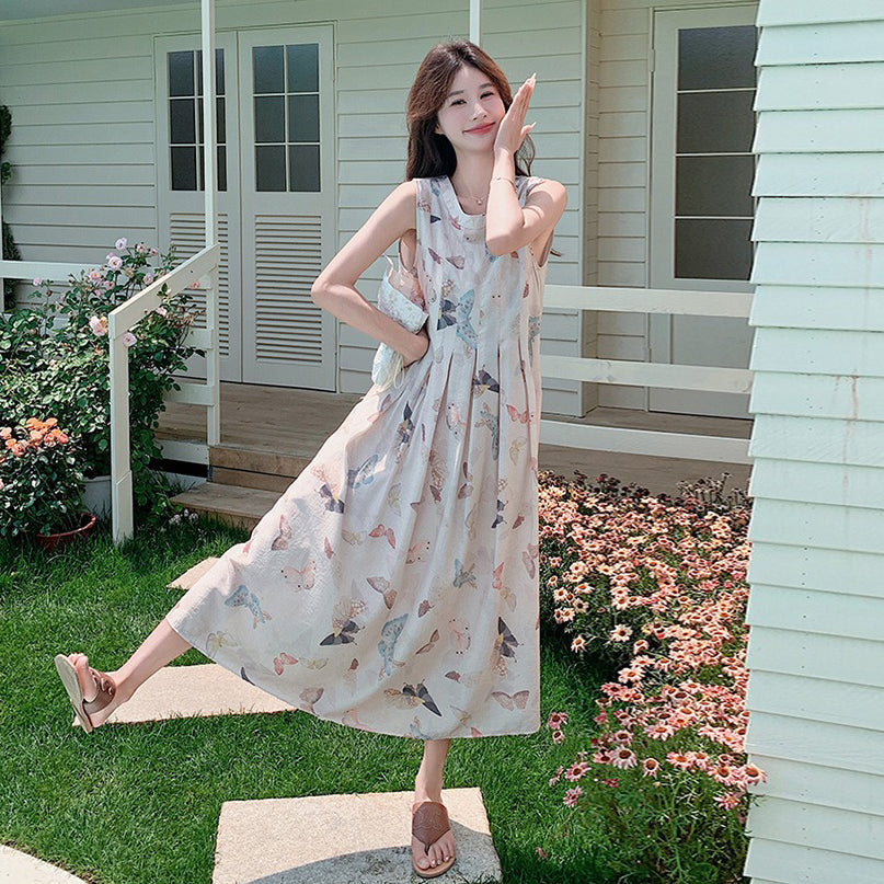 【ワンピース】蝶柄 花柄ノースリーブワンピース レディース 夏 ゆったり リゾート風 バックレス エレガントロングドレス【SHシリーズ】