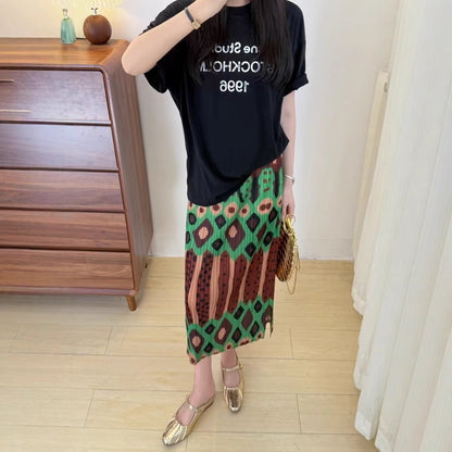 【ボトムス】プリーツカフェグリーン レトロプリント 高ウエスト着痩せスカート【SHシリーズ】