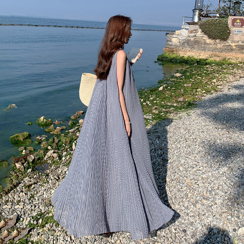 【ワンピース】韓国風 千鳥格 ノースリーブワンピース レディース 夏 大きめ裾 ロング丈 高見え【SHシリーズ】