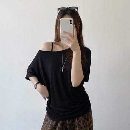 【トップス】Tシャツ レディース 2WAY オフショルダー クルーネック 半袖 レイヤード風 ウエストマーク ゆったり【FCシリーズ】【10～15日内発送】