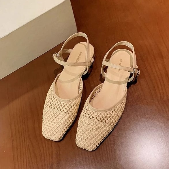 【シューズ】編み込み サンダル｜フレンチ ローヒールで通気性 大人可愛い一足