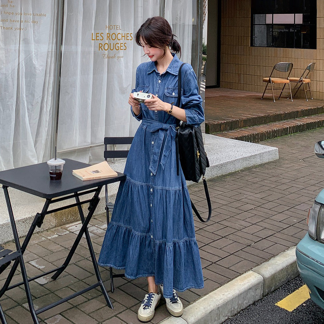 【ワンピース】高級感レトロ  デニム 長袖シャツワンピース 人気 ウエストマーク ロングワンピース【JZシリーズ】