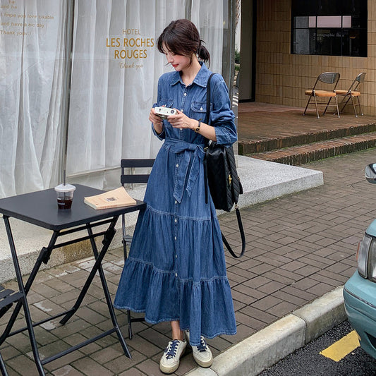 【ワンピース】高級感レトロ  デニム 長袖シャツワンピース 人気 ウエストマーク ロングワンピース【JZシリーズ】