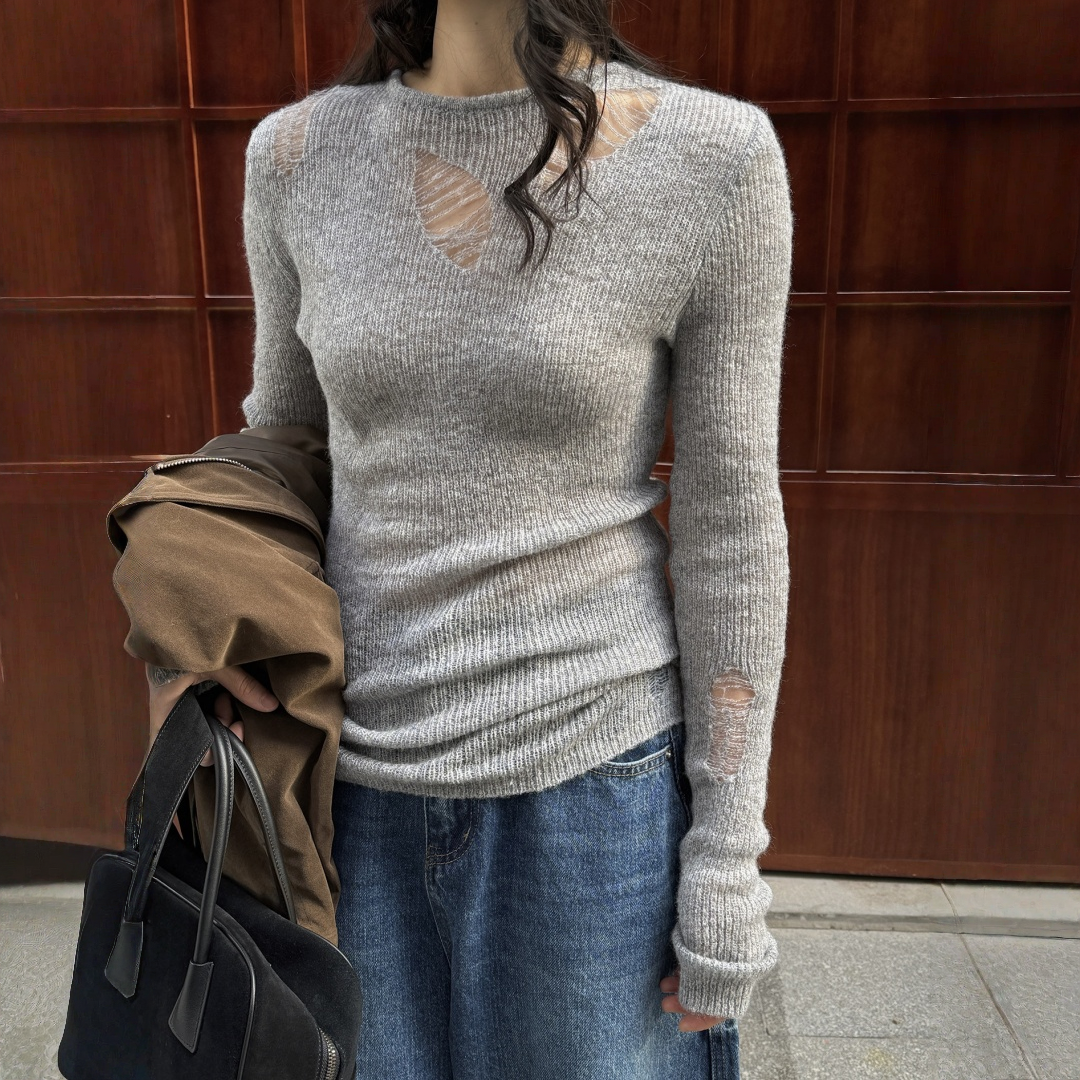 【トップス】ダメージ加工 クルーネック 透かし編み ウール 長袖 Ｔシャツ 【JZシリーズ】