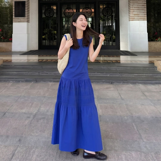 【ワンピース】ワンピース 夏 フレンチレトロ クラインブルー ノースリーブ キャミ ティアード ロング丈 ゆったり レディース【JZシリーズ】【30~35日内発送】