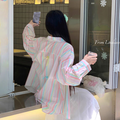 【アウター】リボンストライプ UVカットシャツ 春夏 韓国風 ゆったり スイート【SHシリーズ】