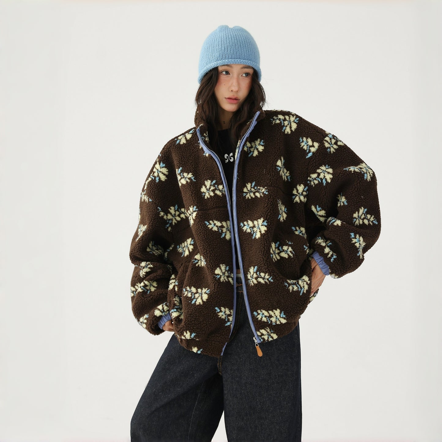 【アウター】レトロ 花柄 厚手 ゆったり スタンドネック ポーラーフリース ジャケット【FCシリーズ】