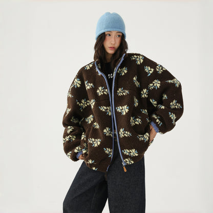 【アウター】レトロ 花柄 厚手 ゆったり スタンドネック ポーラーフリース ジャケット【FCシリーズ】