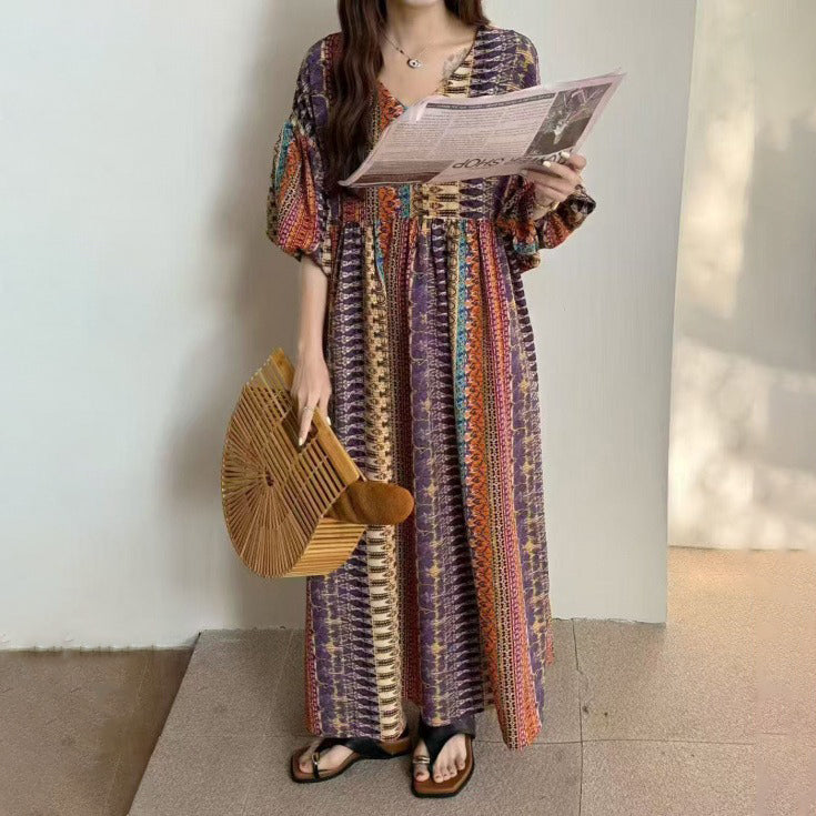 【ワンピース】ゆったり バルーンスリーブ エスニック風 半袖 ロングワンピース 大きいサイズ レディース【SHシリーズ】