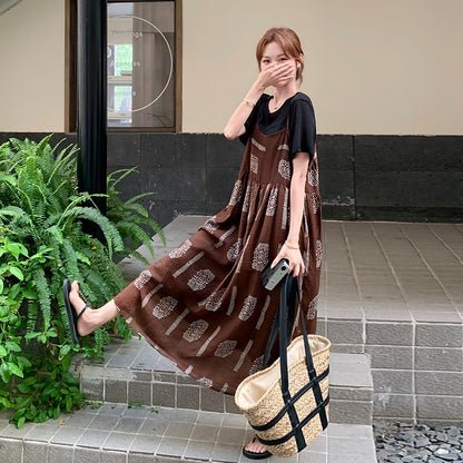 【ワンピース】韓国風ファッション カフェブラウン小花柄 ノースリーブキャミワンピース【SHシリーズ】