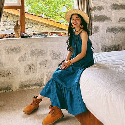 【ワンピース】ビーチリゾート 夏 ヴィンテージ風 ゆったり 無地ノースリーブワンピース【JZシリーズ】