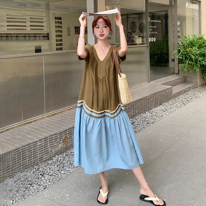 【ワンピース】夏 フレンチ ヴィンテージ  大人可愛い 配色 半袖ワンピース レディース 気質 若見え 超美しい Aラインロングドレス【JZシリーズ】