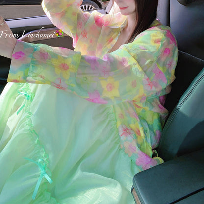 【アウター】夏 スイートリゾート風 スリット入りリボン 花柄 テンセル防晒シャツ【SHシリーズ】