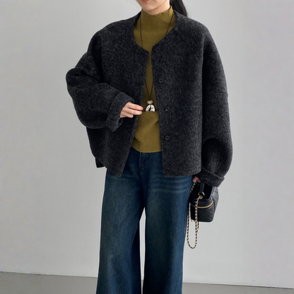 【アウター】春 秋 冬 ウール アルパカ ショート丈 ゆったり ラウンドネック ジャケット 【JZシリーズ】