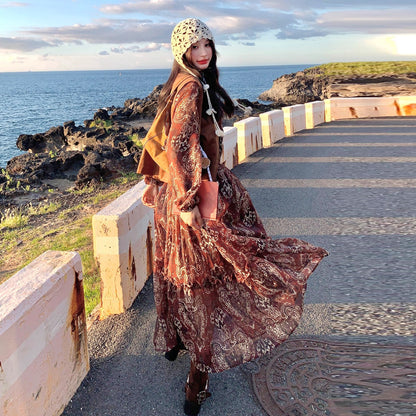 【ワンピース】ブラウン 花柄 長袖ワンピース ベスト付きセット レディース 2025秋新作 旅行 リゾート【SHシリーズ】